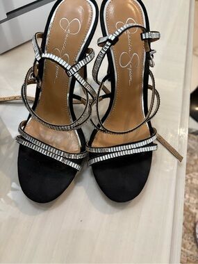 Jessica Simpson Black Strappy Heels with Silver Accent Beading